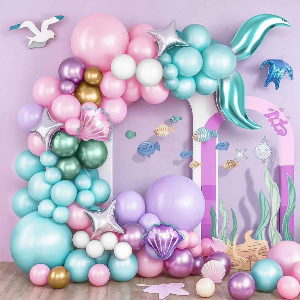 Mermaid Balloon Garland Arch Kit – 113 Pastel Pink, Purple, Teal Blue & Clear Latex Balloons with Mermaid Tail & Shell Foil Balloons for Under the Sea Birthday Party Decorations