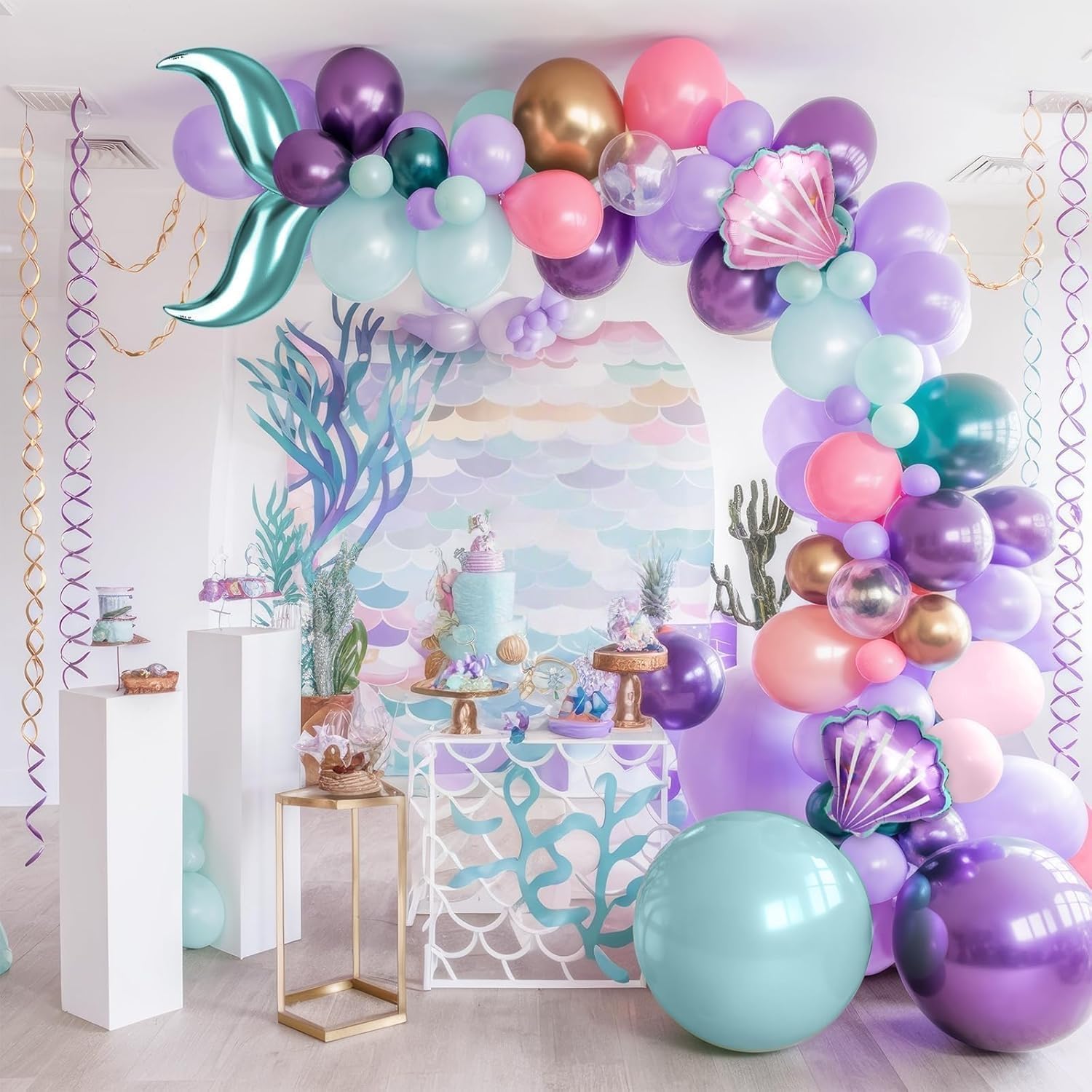 Mermaid Balloon Garland Arch Kit – 113 Pastel Pink, Purple, Teal Blue & Clear Latex Balloons with Mermaid Tail & Shell Foil Balloons for Under the Sea Birthday Party Decorations