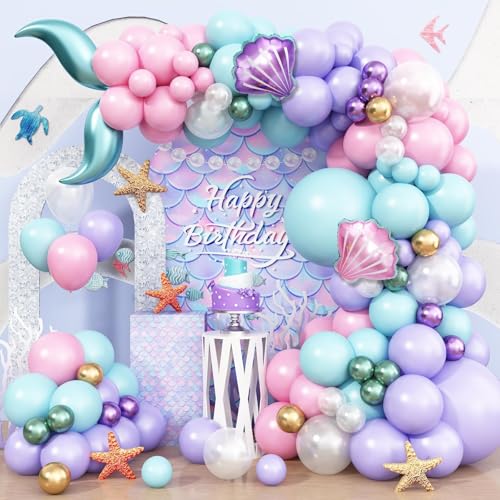 Mermaid Balloon Garland Arch Kit – 113 Pastel Pink, Purple, Teal Blue & Clear Latex Balloons with Mermaid Tail & Shell Foil Balloons for Under the Sea Birthday Party Decorations