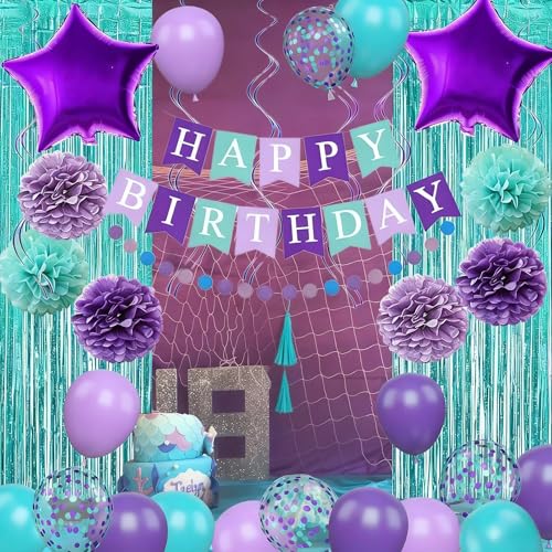 Mermaid Birthday Decorations Set - Purple Teal Blue Balloons, Banner, Garland & More