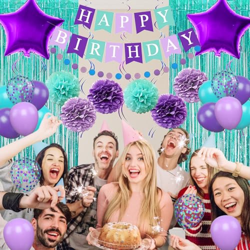 Mermaid Birthday Decorations Set - Purple Teal Blue Balloons, Banner, Garland & More