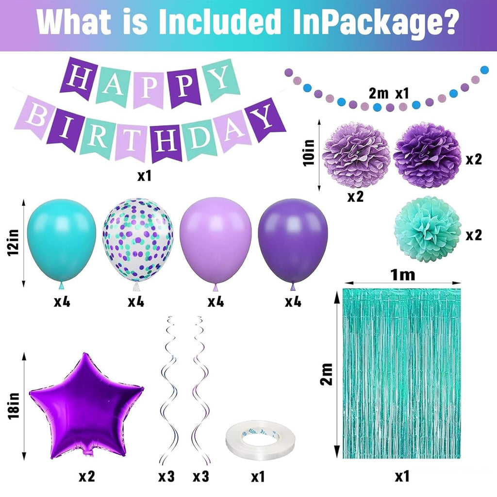 Mermaid Birthday Decorations Set - Purple Teal Blue Balloons, Banner, Garland & More