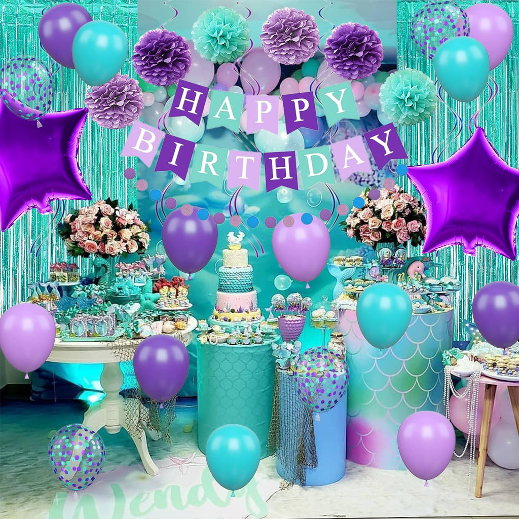 Mermaid Birthday Decorations Set - Purple Teal Blue Balloons, Banner, Garland & More