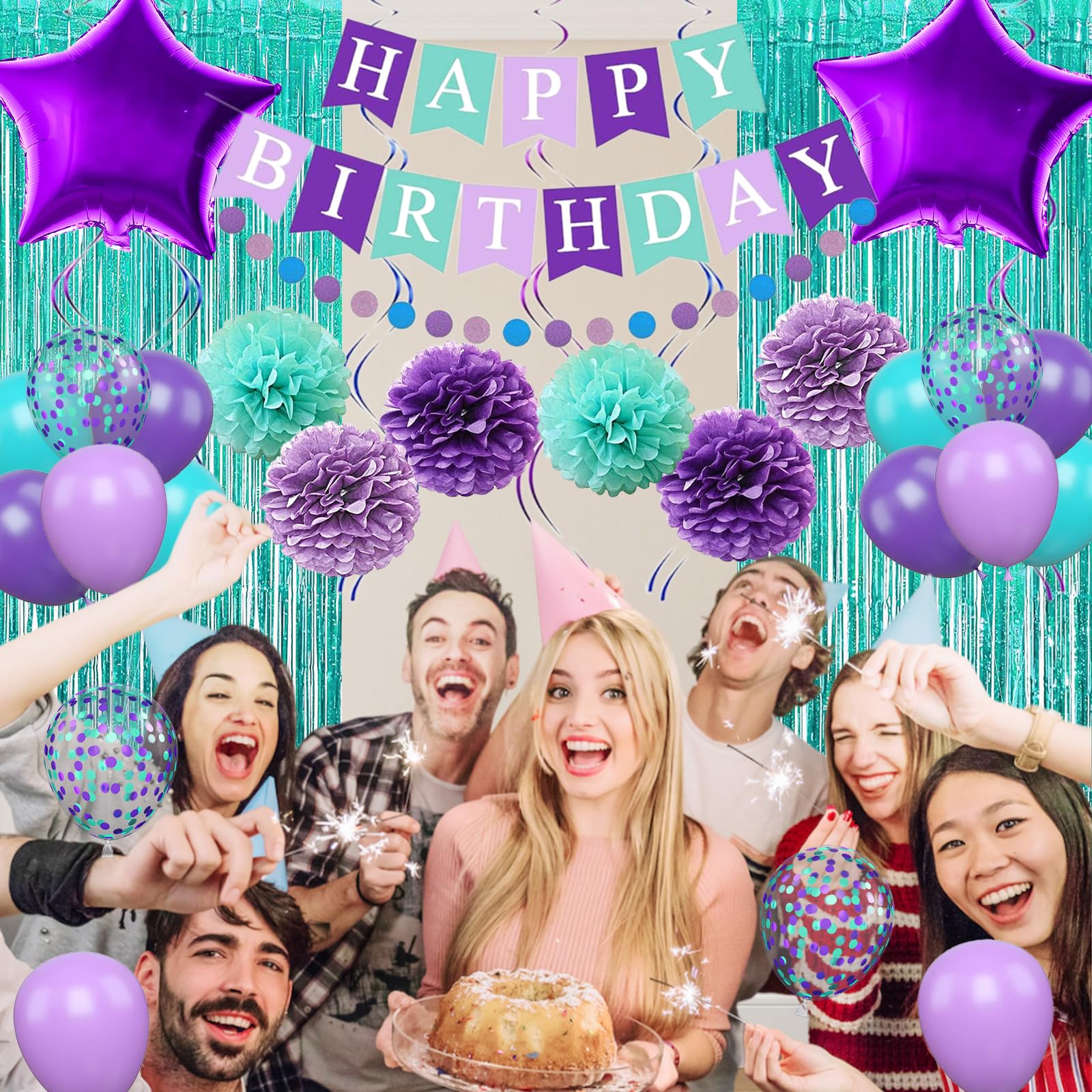 Mermaid Birthday Decorations Set - Purple Teal Blue Balloons, Banner, Garland & More