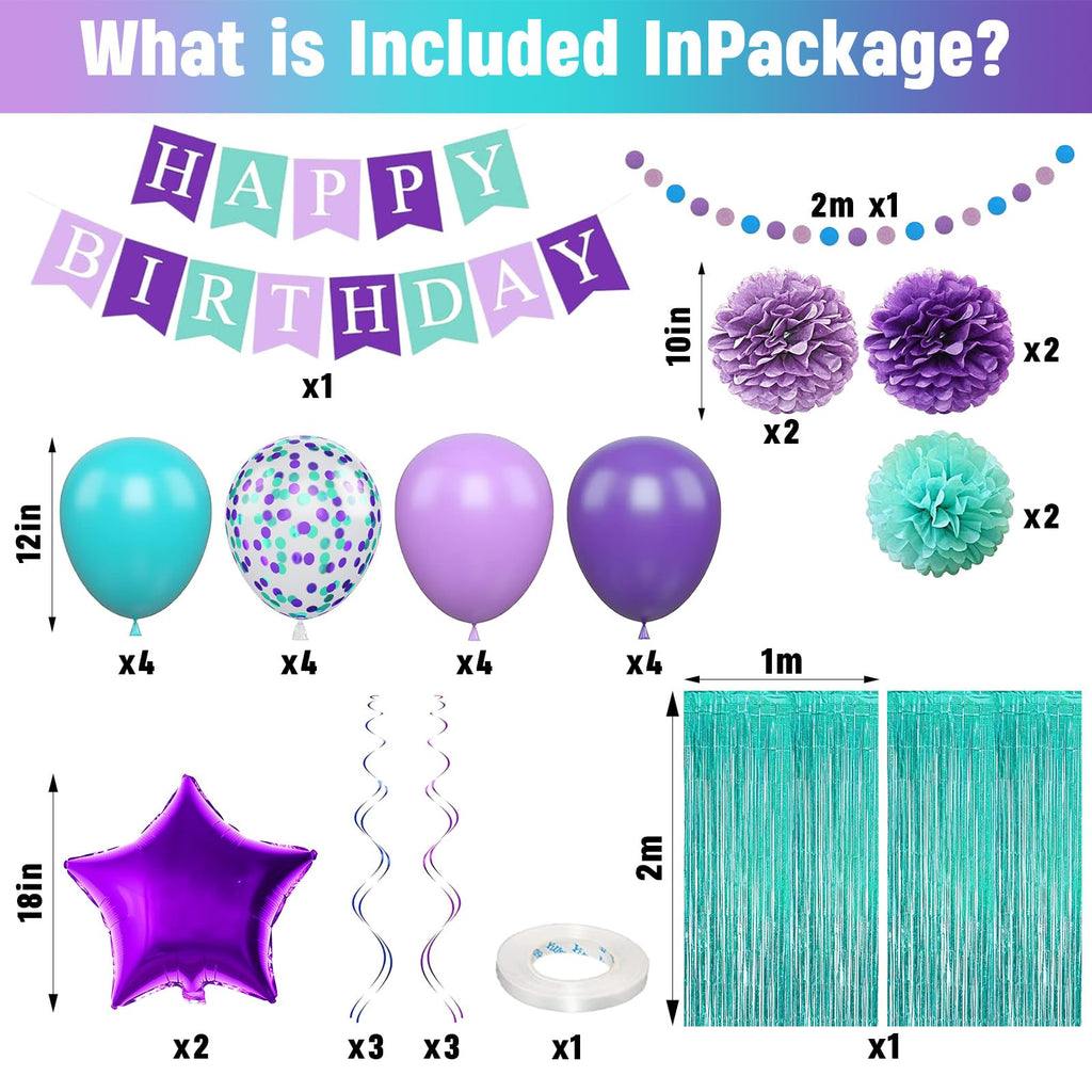 Mermaid Birthday Decorations Set - Purple Teal Blue Balloons, Banner, Garland & More