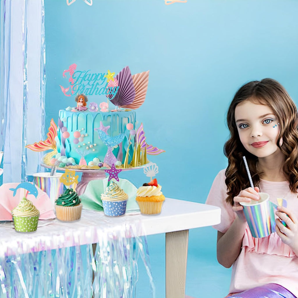 Mermaid Cake Topper Set 31-Piece with Mermaid Tail Candle, Ocean Cake Decorations for Birthday Parties by XLMJDZQ