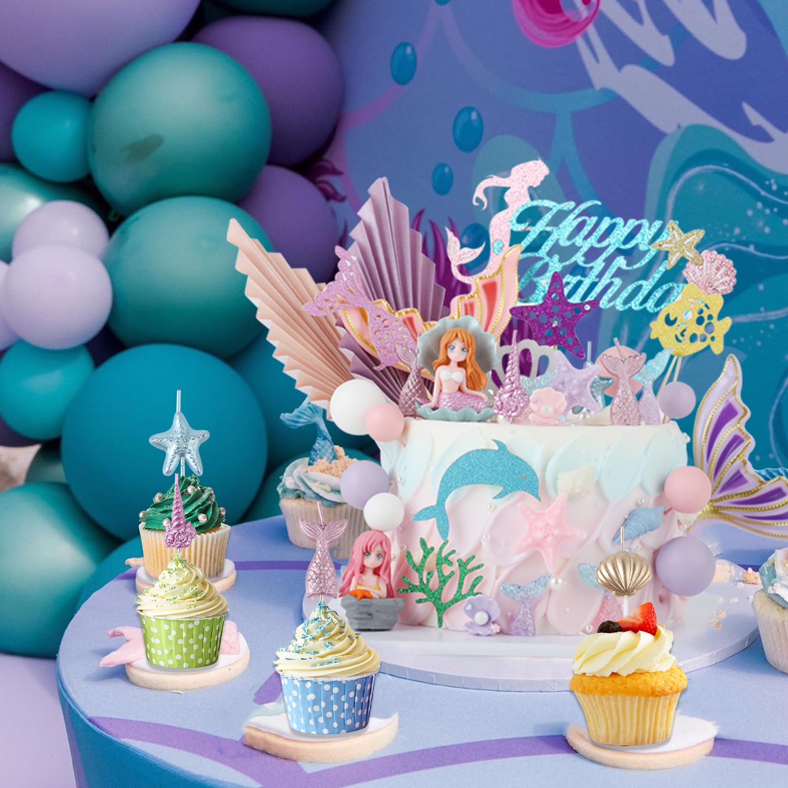 Mermaid Cake Topper Set 31-Piece with Mermaid Tail Candle, Ocean Cake Decorations for Birthday Parties by XLMJDZQ