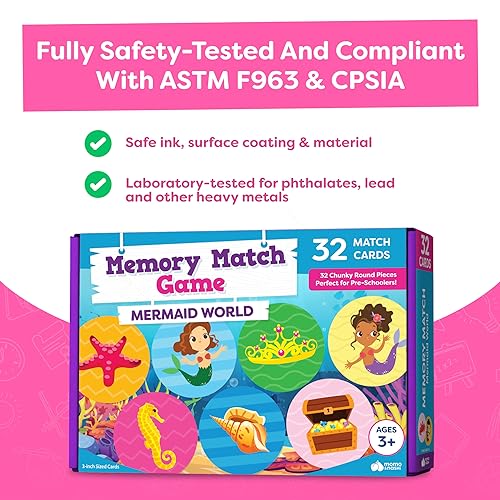 Mermaid Matching Game for Girls 4-6 - 32-Piece Memory Card Game with Storage Box - Momo & Nashi