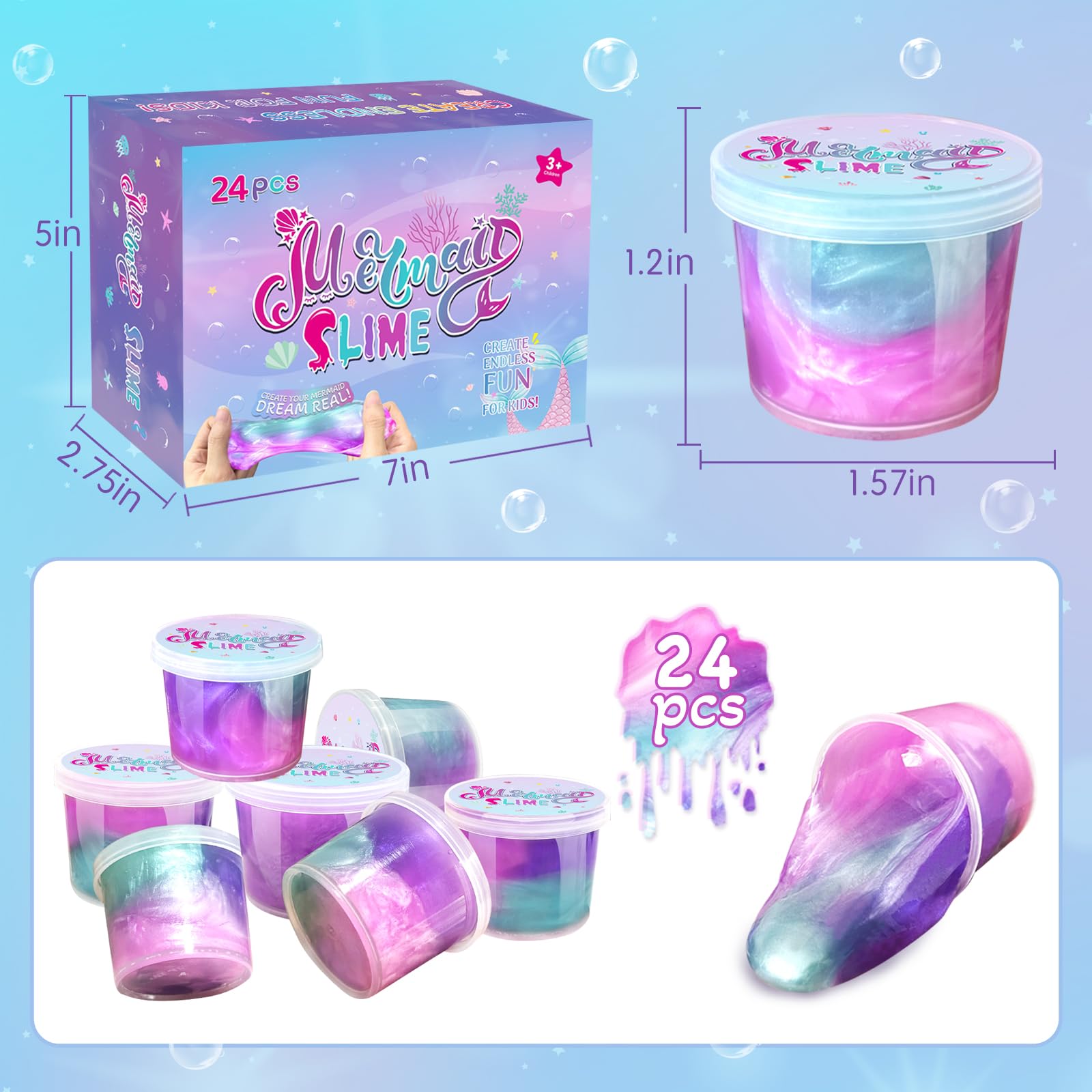 Mermaid Slime Party Favors: 24 Pack with 36 Cups - Non-Sticky, Stretchy Putty for Kids Ages 3-12