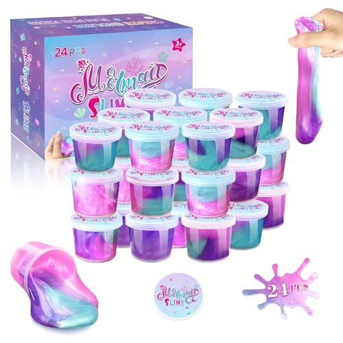 Mermaid Slime Party Favors: 24 Pack with 36 Cups - Non-Sticky, Stretchy Putty for Kids Ages 3-12