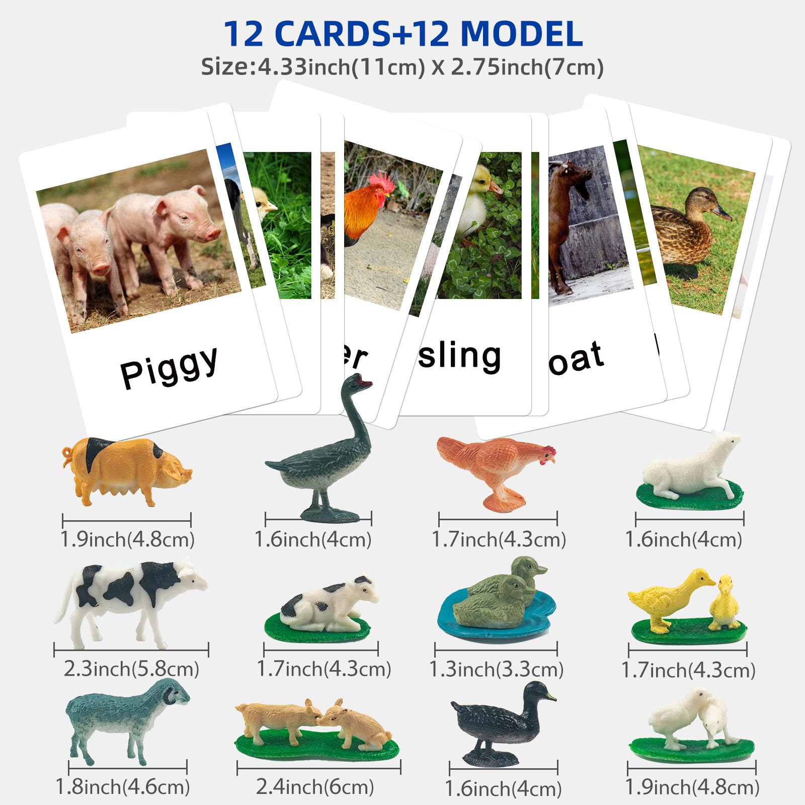 MEROCO Montessori Animal Matching Set - 12 Farm Animal Figurines with Matching Cards for Preschool Language Learning