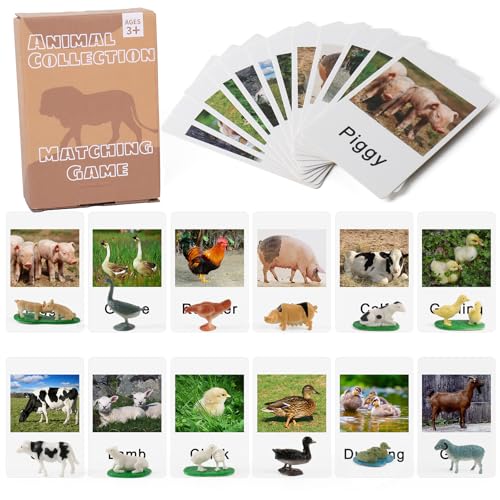 MEROCO Montessori Animal Matching Set - 12 Farm Animal Figurines with Matching Cards for Preschool Language Learning