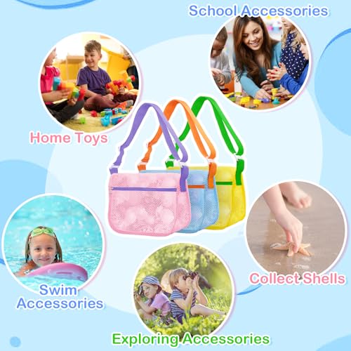 Mesh Beach Bags for Sand Toys - 3 Pack, Adjustable Straps, Zippered Shell Collecting Bags for Kids