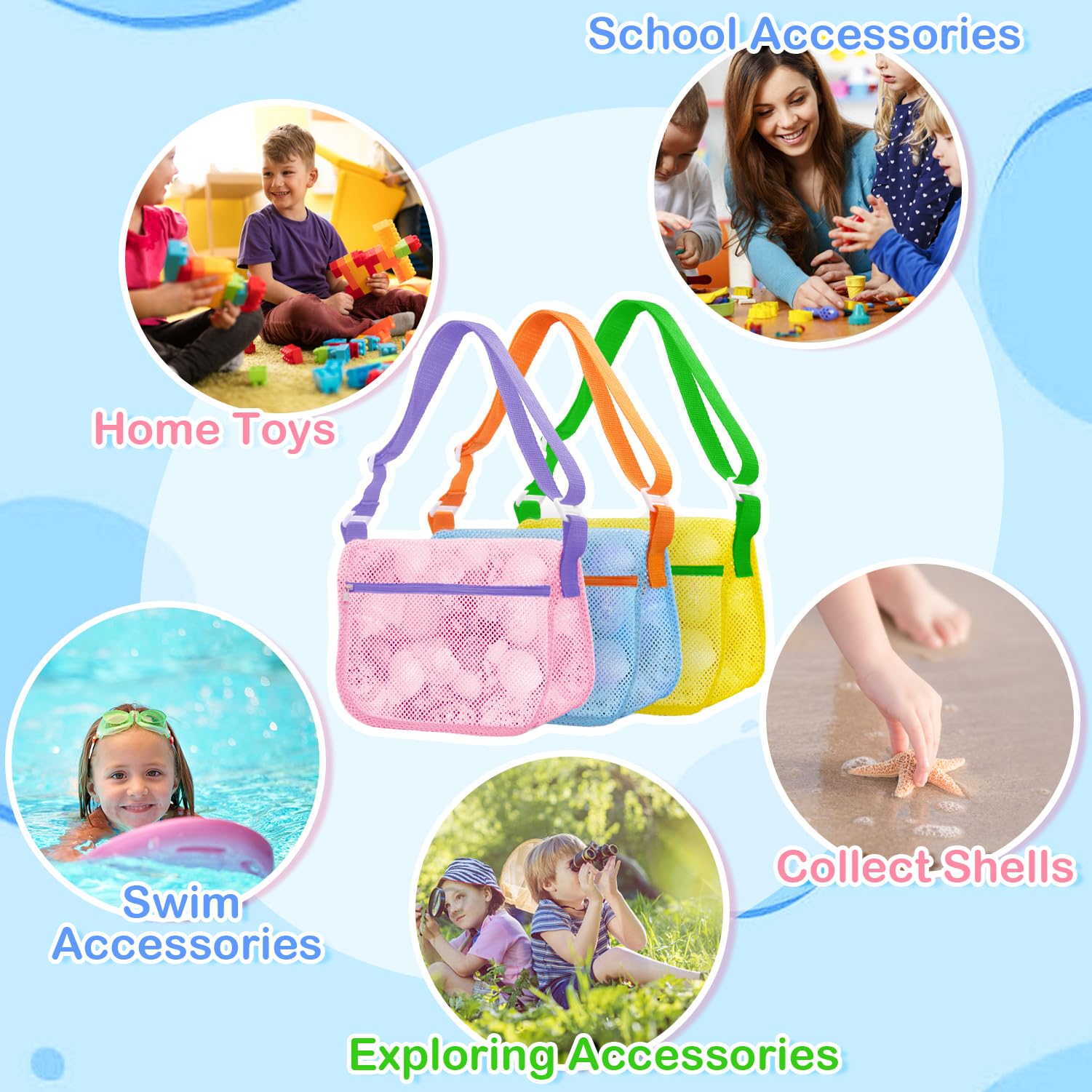Mesh Beach Bags for Sand Toys - 3 Pack, Adjustable Straps, Zippered Shell Collecting Bags for Kids