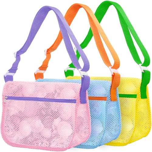 Mesh Beach Bags for Sand Toys - 3 Pack, Adjustable Straps, Zippered Shell Collecting Bags for Kids