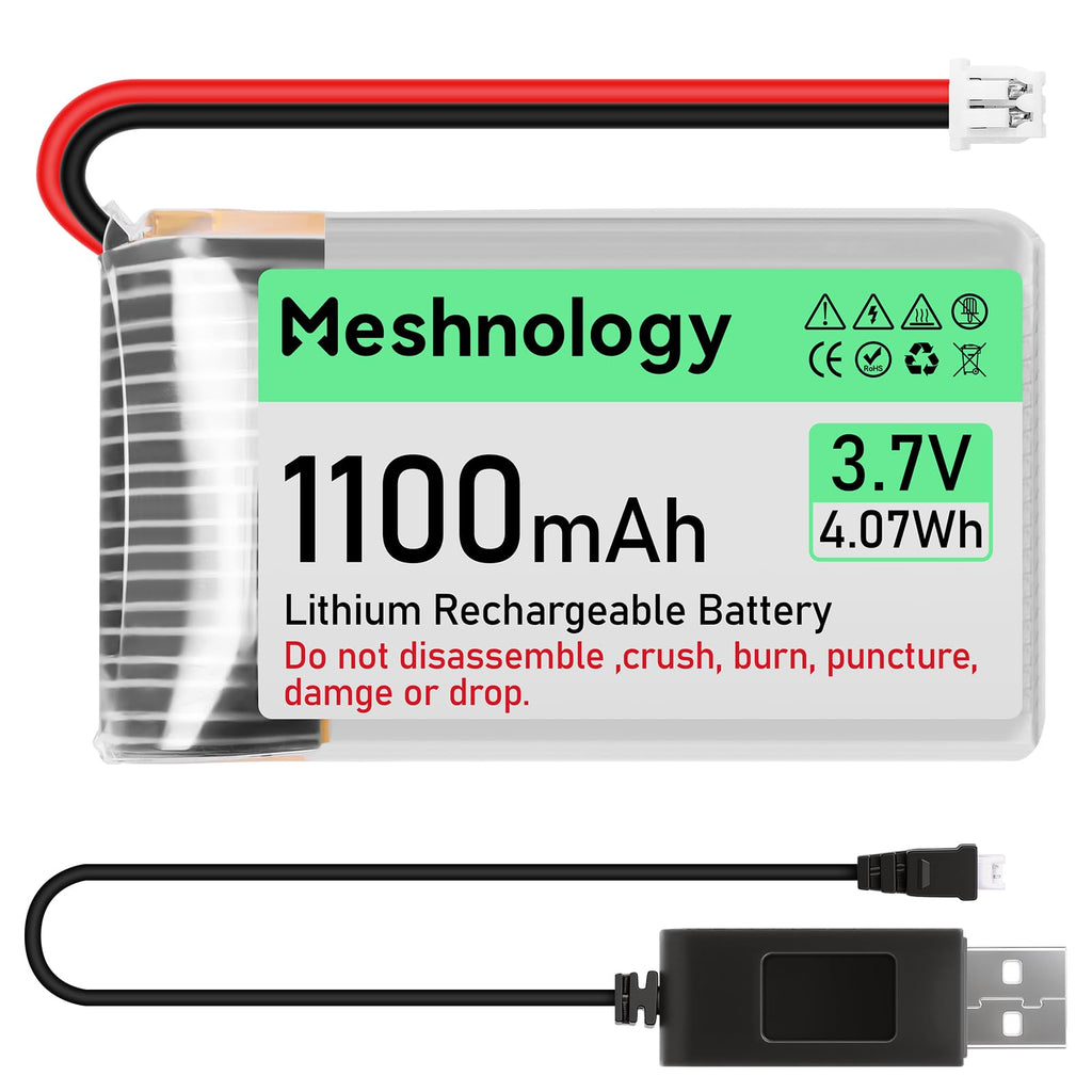 Meshnology 3.7V 1100mAh LiPo Battery with USB Charger and Micro JST 1.25 Plug for Arduino ESP32 RC Drone