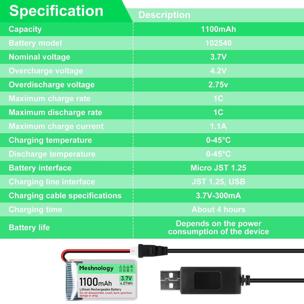 Meshnology 3.7V 1100mAh LiPo Battery with USB Charger and Micro JST 1.25 Plug for Arduino ESP32 RC Drone