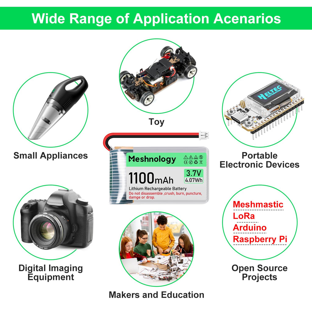 Meshnology 3.7V 1100mAh LiPo Battery with USB Charger and Micro JST 1.25 Plug for Arduino ESP32 RC Drone