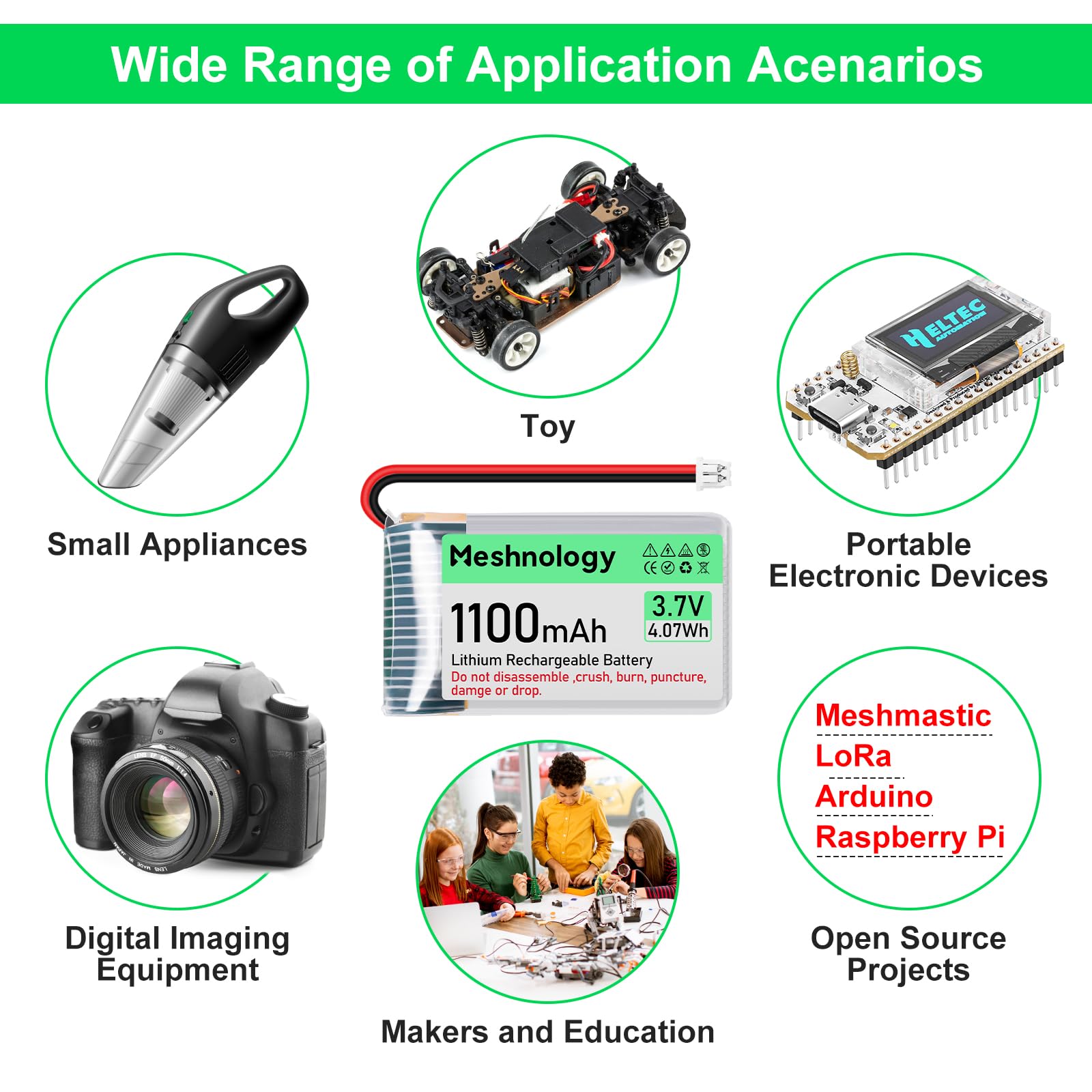 Meshnology 3.7V 1100mAh LiPo Battery with USB Charger and Micro JST 1.25 Plug for Arduino ESP32 RC Drone