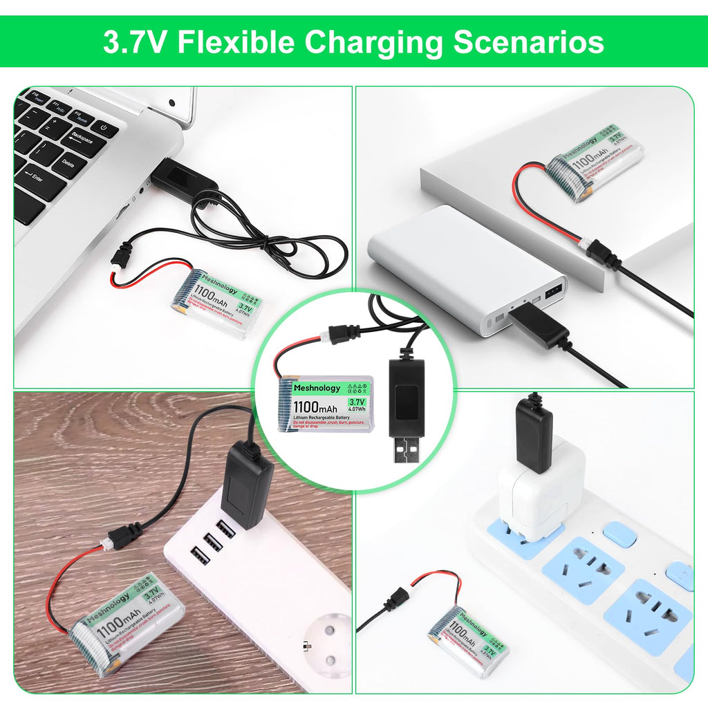 Meshnology 3.7V 1100mAh LiPo Battery with USB Charger and Micro JST 1.25 Plug for Arduino ESP32 RC Drone