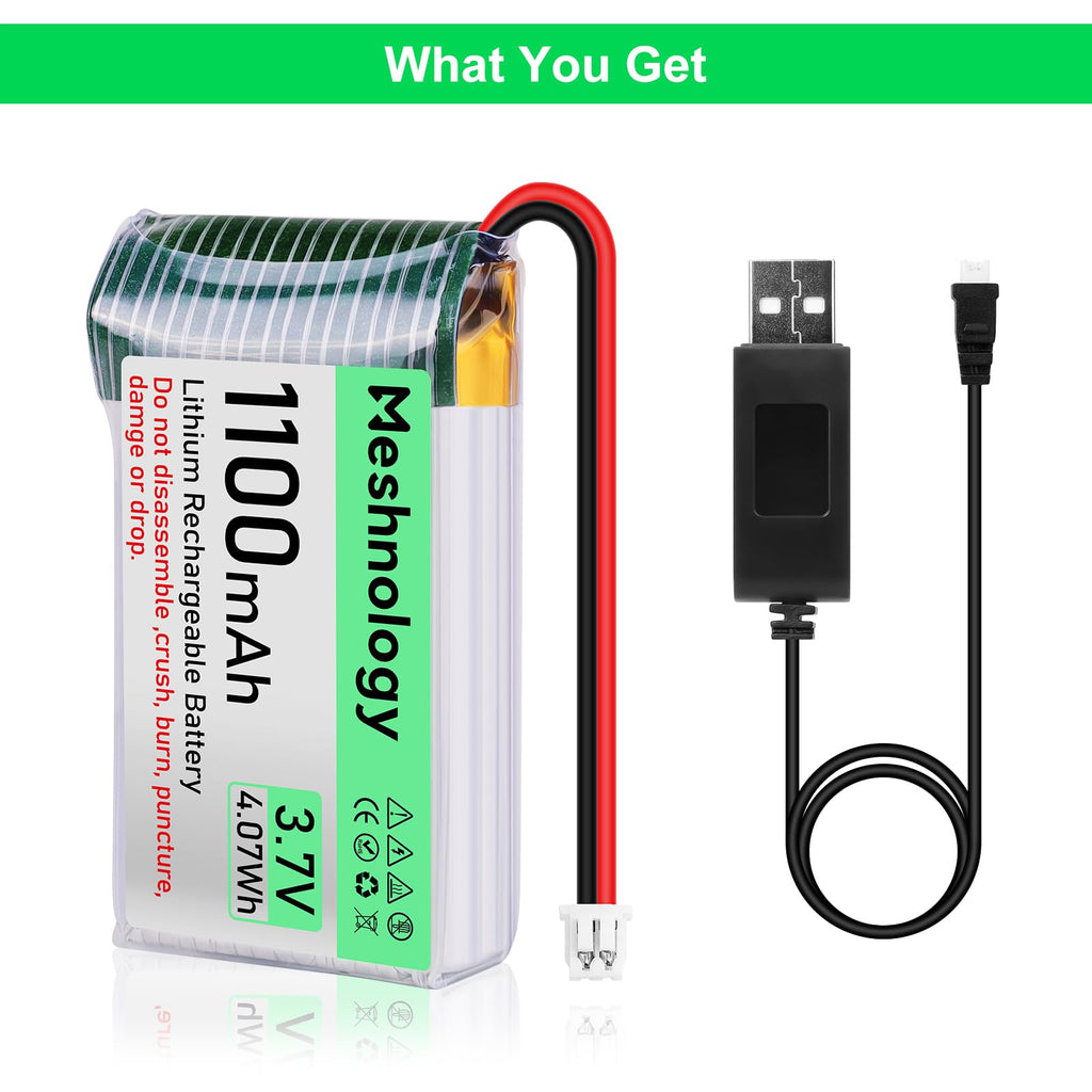 Meshnology 3.7V 1100mAh LiPo Battery with USB Charger and Micro JST 1.25 Plug for Arduino ESP32 RC Drone