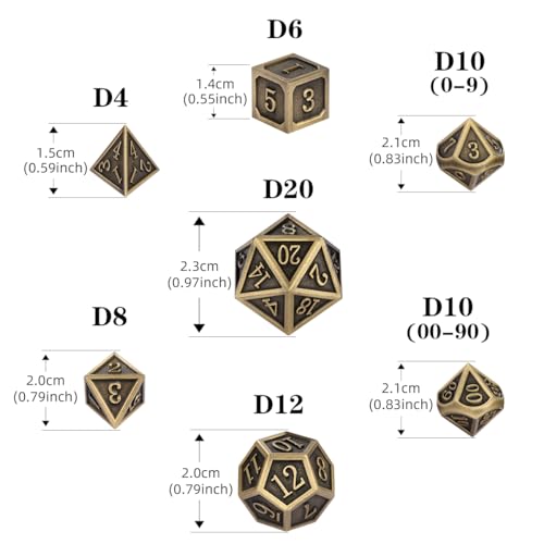 Metal Dice Set 7pcs Polyhedral Bronze DND Dice with Gift Bag - DND DADO
