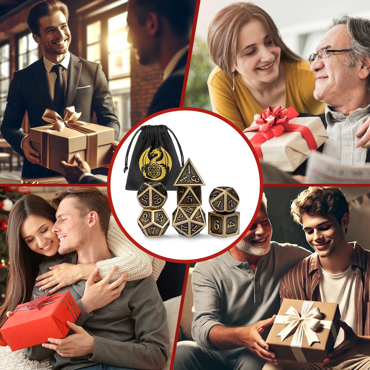 Metal Dice Set 7pcs Polyhedral Bronze DND Dice with Gift Bag - DND DADO