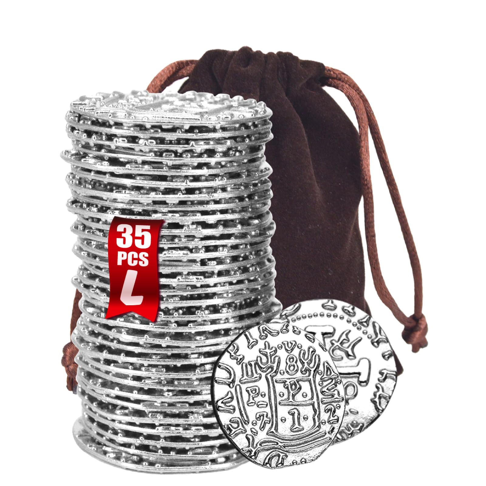 Metal Pirate Coins – 35 Silver Spanish Doubloon Replicas for Games, Costumes & Treasure Hunts (1.18")
