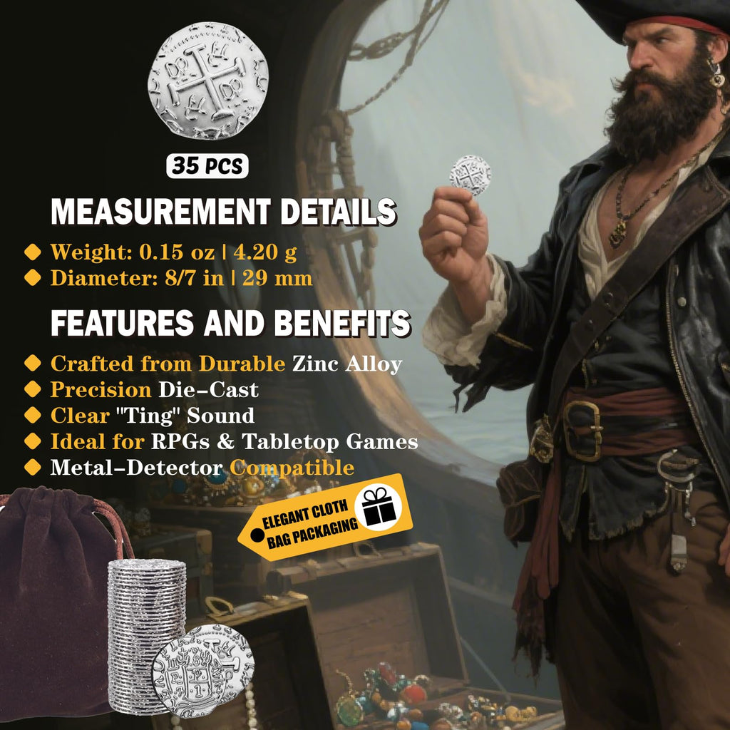 Metal Pirate Coins – 35 Silver Spanish Doubloon Replicas for Games, Costumes & Treasure Hunts (1.18")