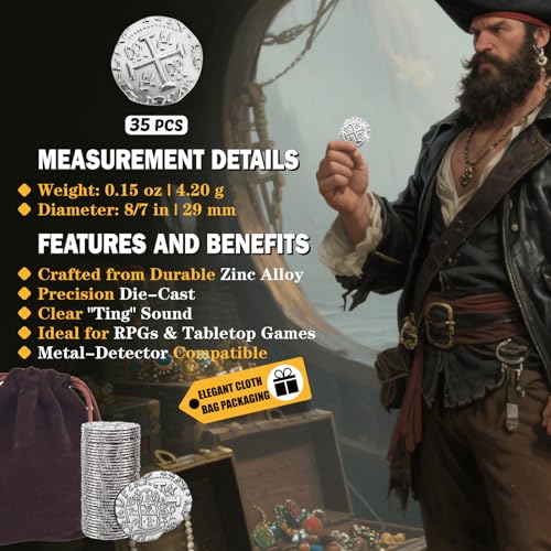 Metal Pirate Coins – 35 Silver Spanish Doubloon Replicas for Games, Costumes & Treasure Hunts (1.18")