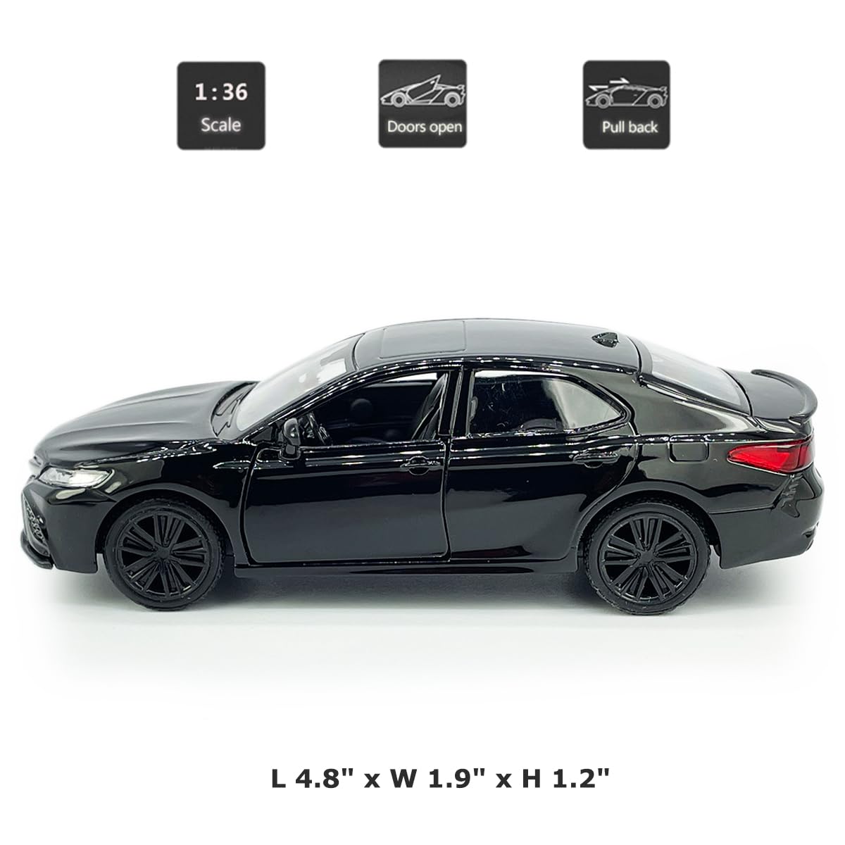 Metanyl 1/36 Scale Camry XSE 2022 Diecast Car - Black, Pull Back, Doors Open, Alloy Metal Toy for Boys & Collectors