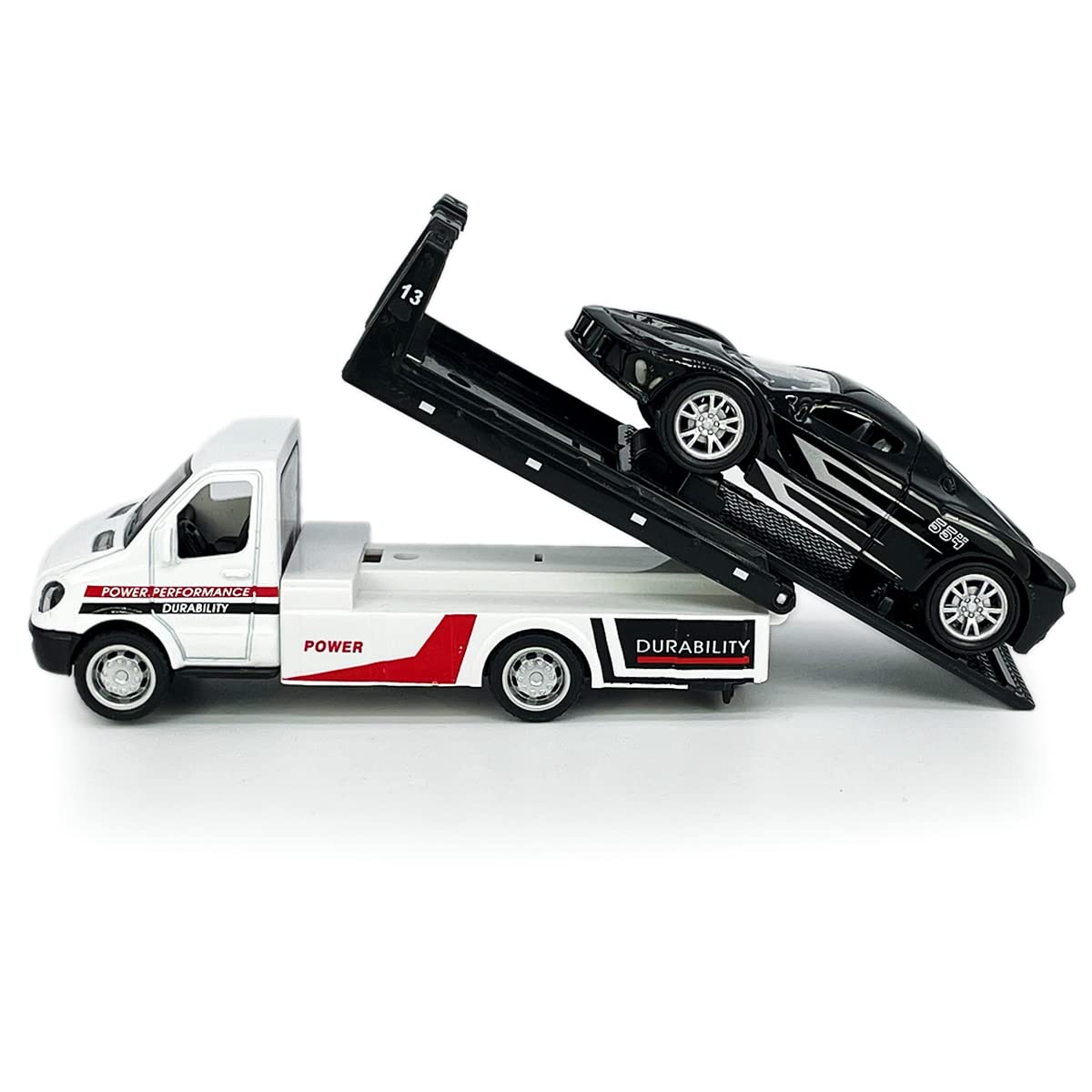 Metanyl Flatbed Truck Toy - Diecast Metal Pull Back Car Carrier with Working Flatbed for Boys Age 3+