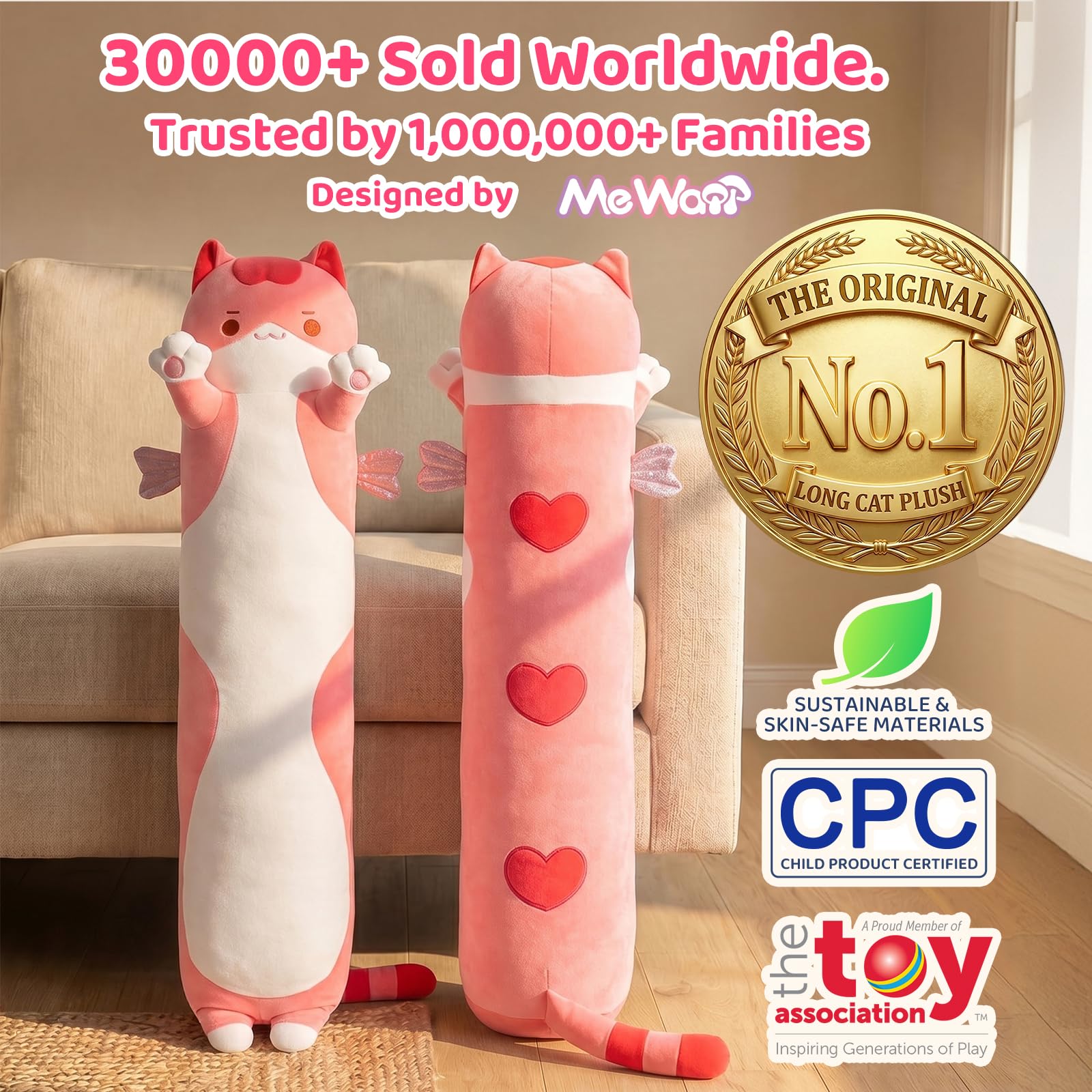 Mewaii Long Cat Plush 5 Sizes: Extra Filling, Super Soft Kawaii Pink Cat Body Pillow for Girls