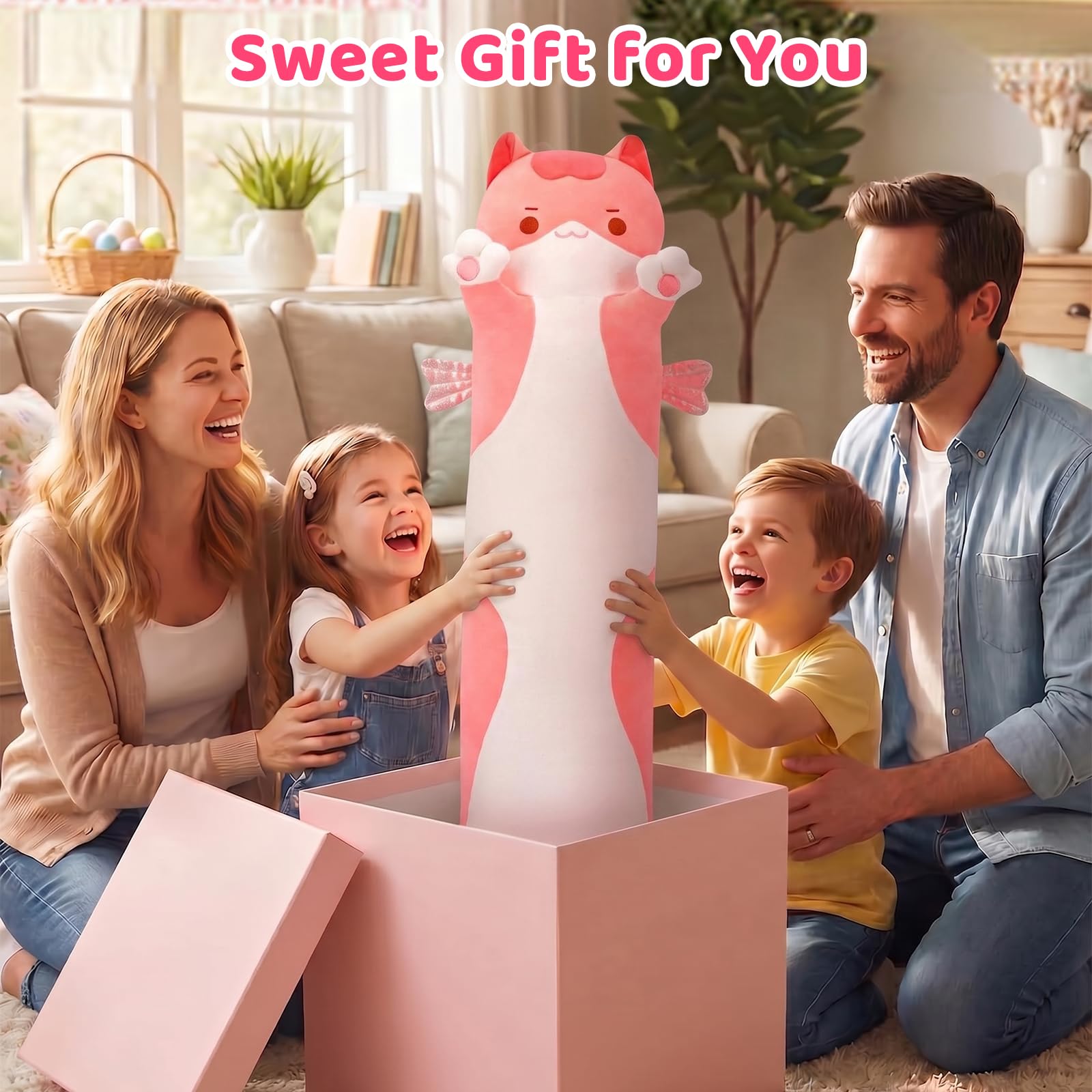 Mewaii Long Cat Plush 5 Sizes: Extra Filling, Super Soft Kawaii Pink Cat Body Pillow for Girls