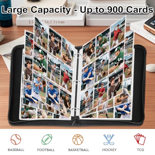 MewVeer 9-Pocket Trading Card Binder – Holds 900 Cards, PU Leather Zipper Album for MTG/YGO/TCG/Sports Cards, Black