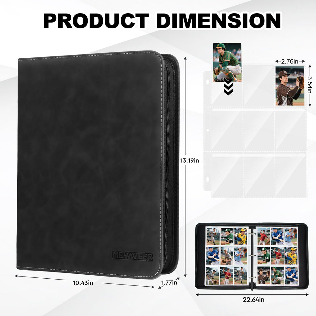 MewVeer 9-Pocket Trading Card Binder – Holds 900 Cards, PU Leather Zipper Album for MTG/YGO/TCG/Sports Cards, Black