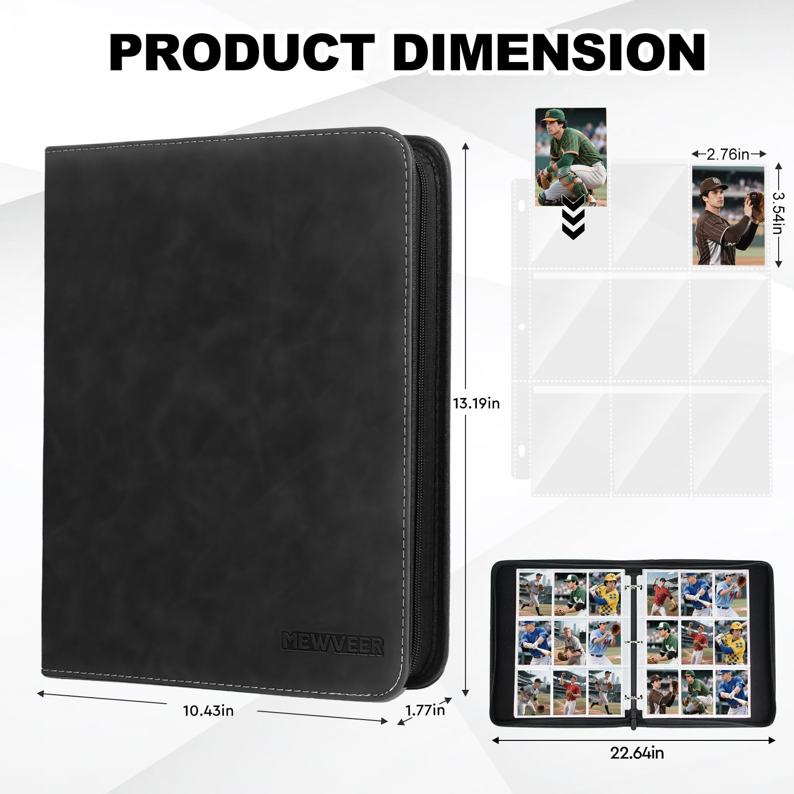 MewVeer 9-Pocket Trading Card Binder – Holds 900 Cards, PU Leather Zipper Album for MTG/YGO/TCG/Sports Cards, Black