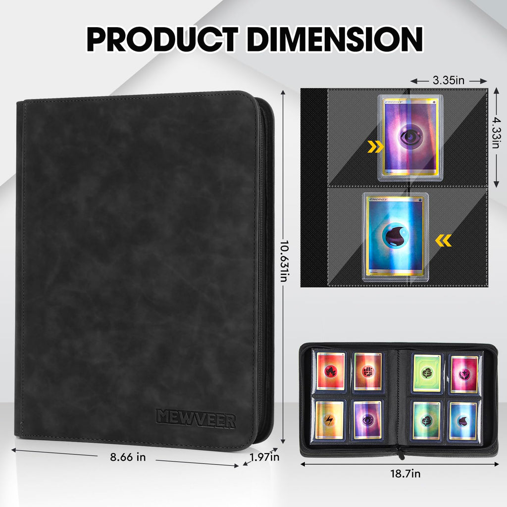 MewVeer Top Loader Card Binder - Holds 112 Top Loaders, 4-Pocket Pages, Black PU Leather