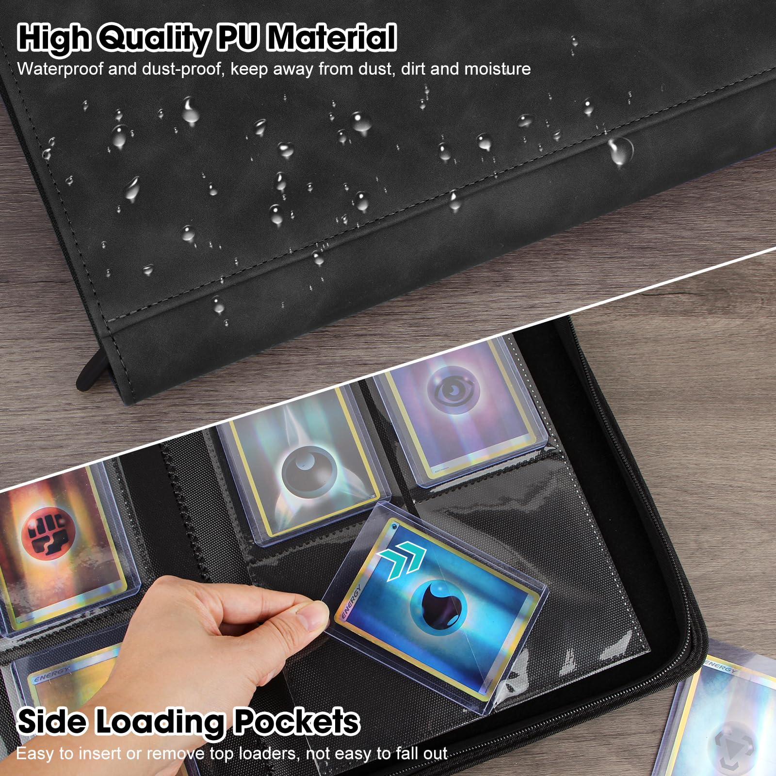 MewVeer Top Loader Card Binder - Holds 112 Top Loaders, 4-Pocket Pages, Black PU Leather