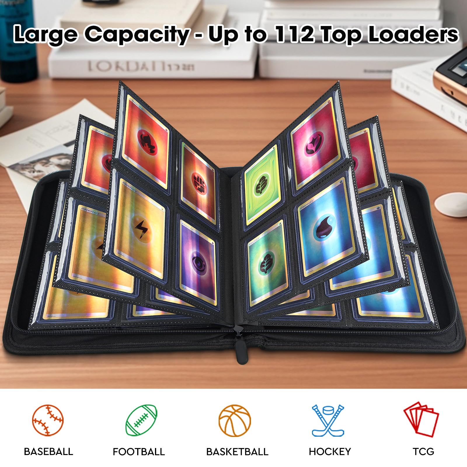 MewVeer Top Loader Card Binder - Holds 112 Top Loaders, 4-Pocket Pages, Black PU Leather