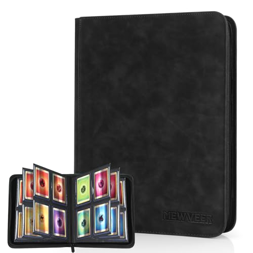 MewVeer Top Loader Card Binder - Holds 112 Top Loaders, 4-Pocket Pages, Black PU Leather