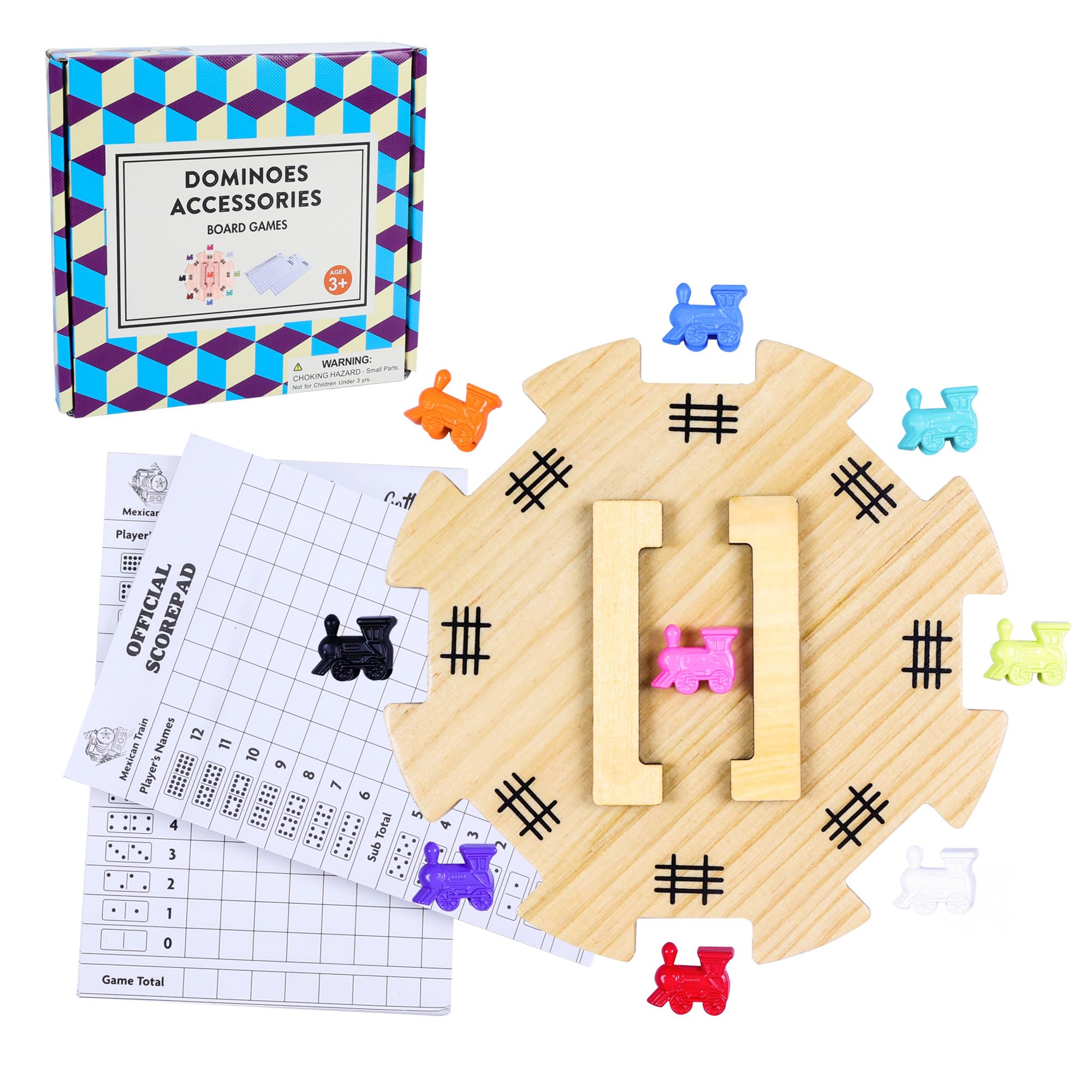 Mexican Train Dominoes Accessories Set – Wooden Hub, Metal Markers & Score Pads for 2-8 Players