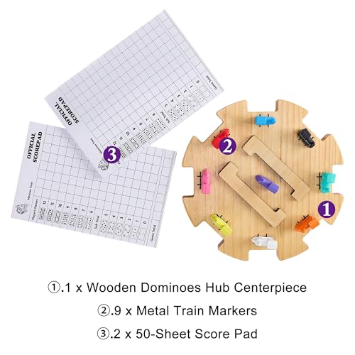 Mexican Train Dominoes Accessories Set – Wooden Hub, Metal Markers & Score Pads for 2-8 Players