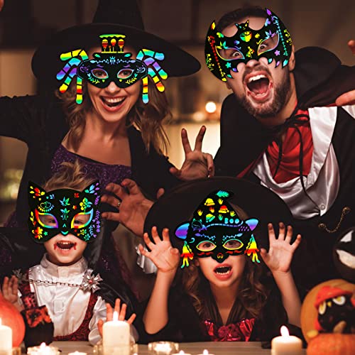 MGparty 24-Pack Halloween Scratch Masks Craft Kit – Rainbow Scratch Paper Art for Kids and Adults