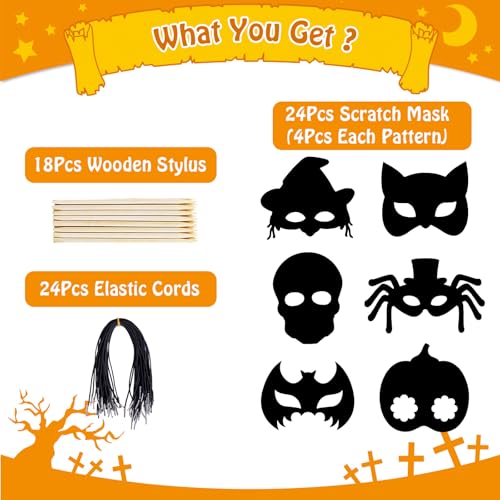 MGparty 24-Pack Halloween Scratch Masks Craft Kit – Rainbow Scratch Paper Art for Kids and Adults
