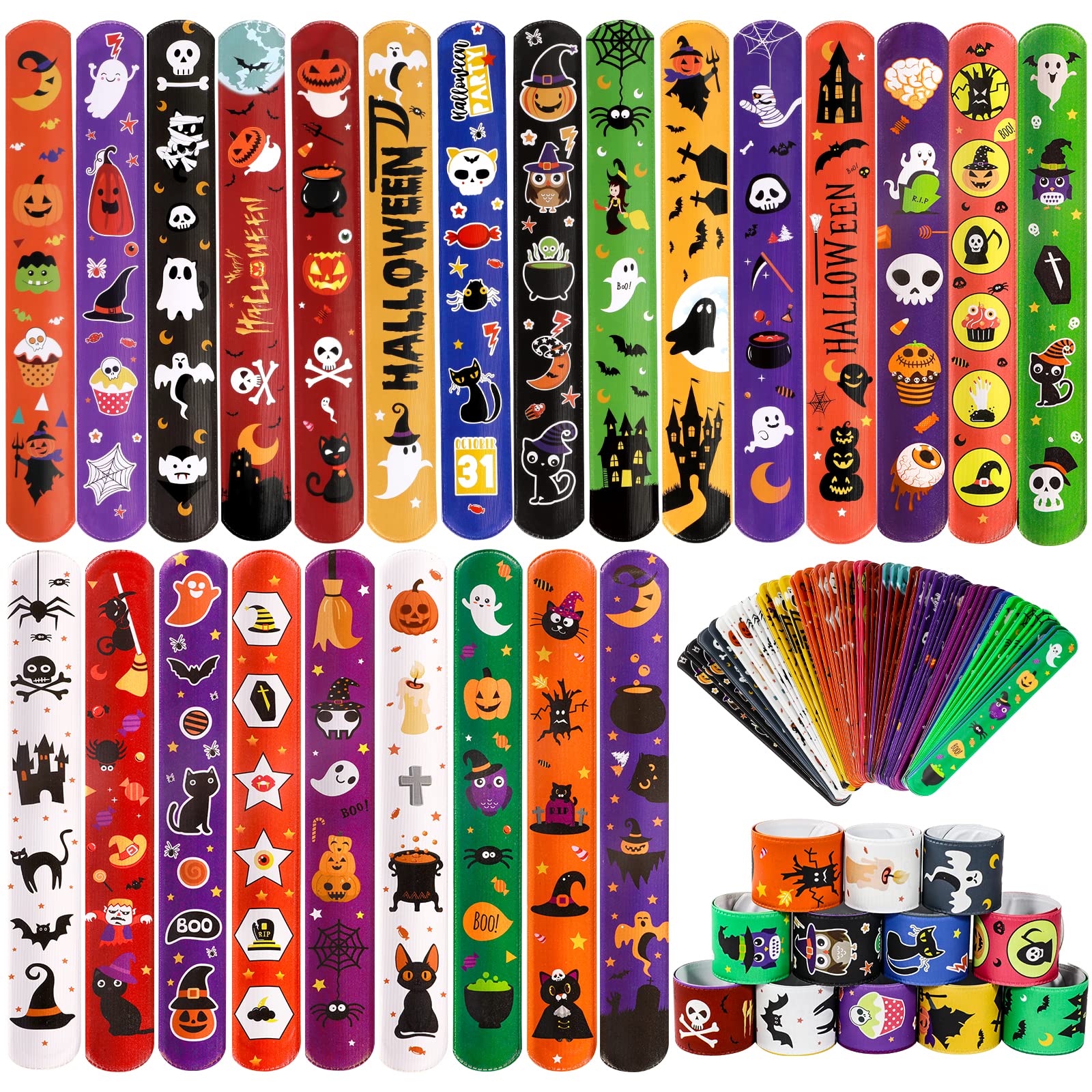MGparty 72-Pack Halloween Slap Bracelets: 24 Spooky Designs, Safe PVC, Fun for Kids