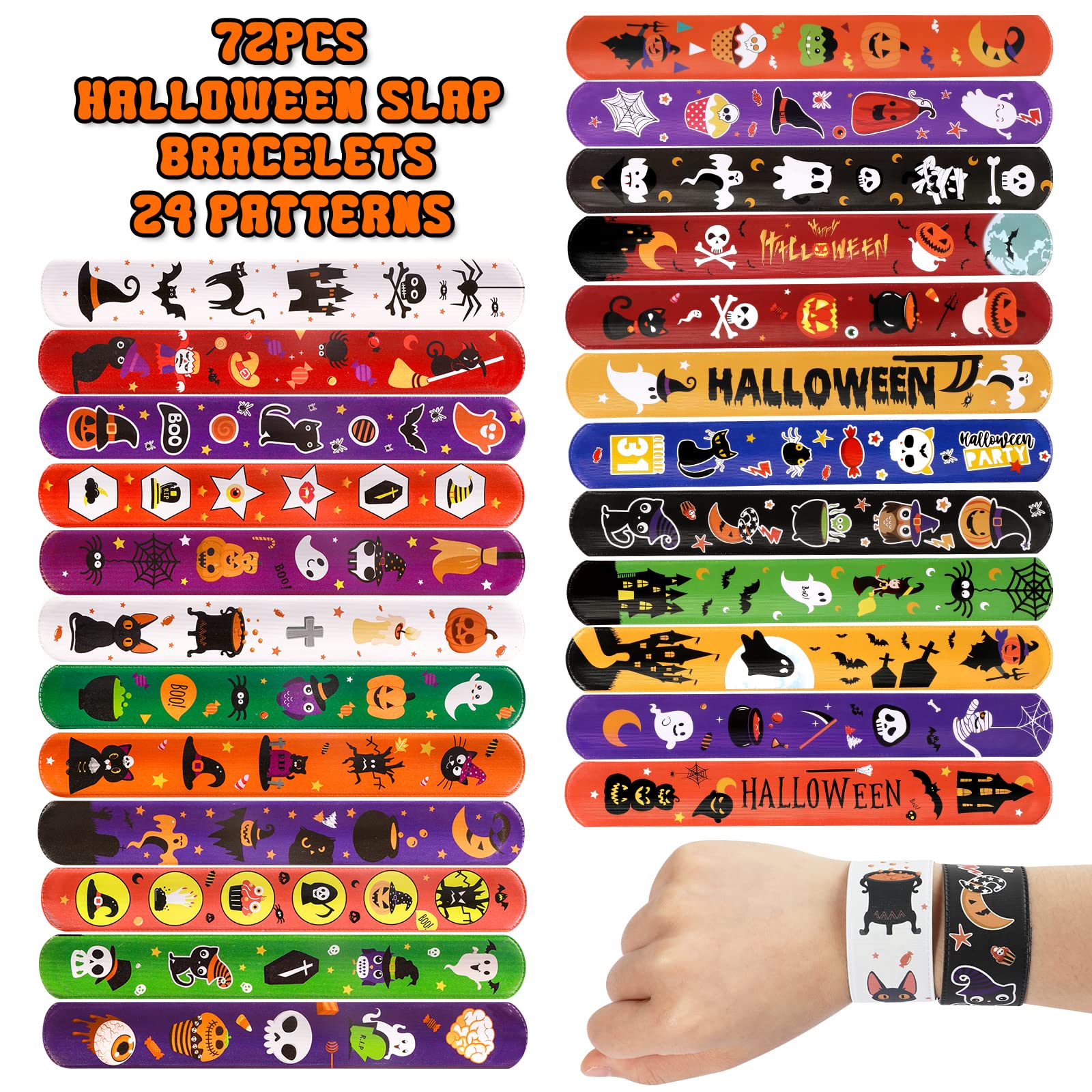 MGparty 72-Pack Halloween Slap Bracelets: 24 Spooky Designs, Safe PVC, Fun for Kids