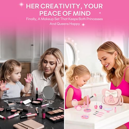 mibasies 15-Piece Kids Makeup Kit for Girls – Washable, Non-Toxic Cosmetics with Crossbody Purse, Birthday Gift for Ages 3-10, Pink