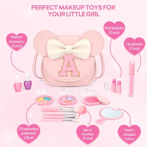 mibasies 15-Piece Kids Makeup Kit for Girls – Washable, Non-Toxic Cosmetics with Crossbody Purse, Birthday Gift for Ages 3-10, Pink