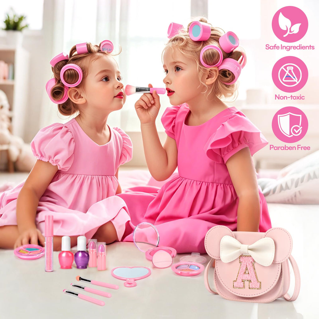 mibasies 15-Piece Kids Makeup Kit for Girls – Washable, Non-Toxic Cosmetics with Crossbody Purse, Birthday Gift for Ages 3-10, Pink
